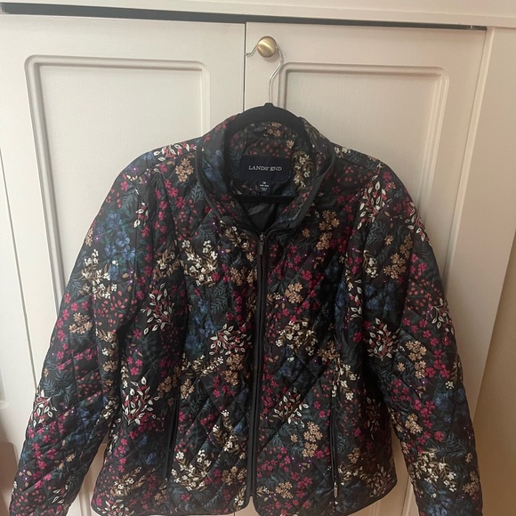 Lands' End Women's Floral Quilted Puffer Jacket - Black with Multicolor Accents - Picture 2 of 2